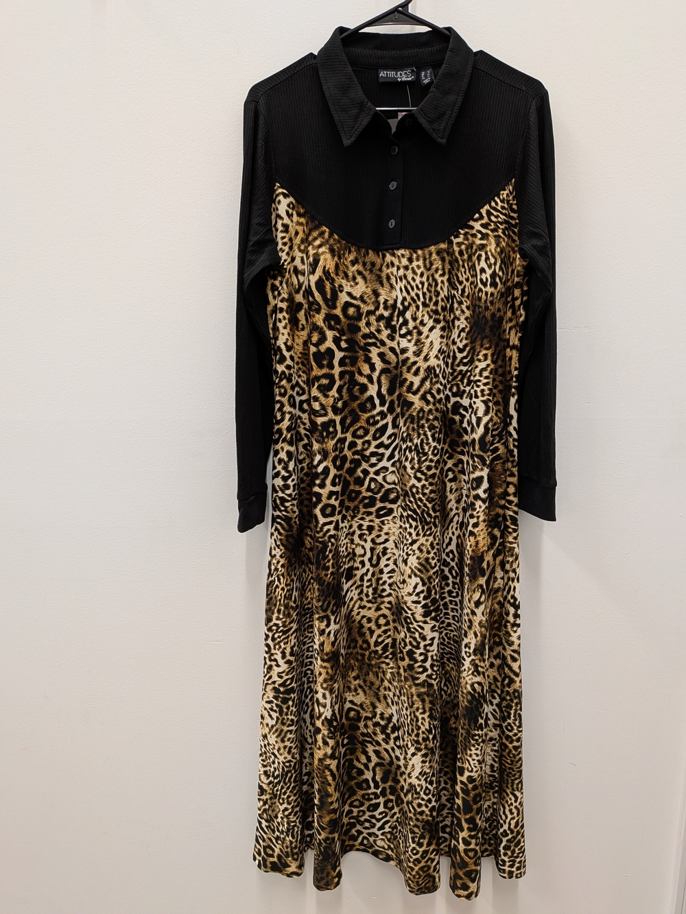 Attitudes by Renée Leopard Print Midi Dress XL Long Sleeve Collared Animal Print
